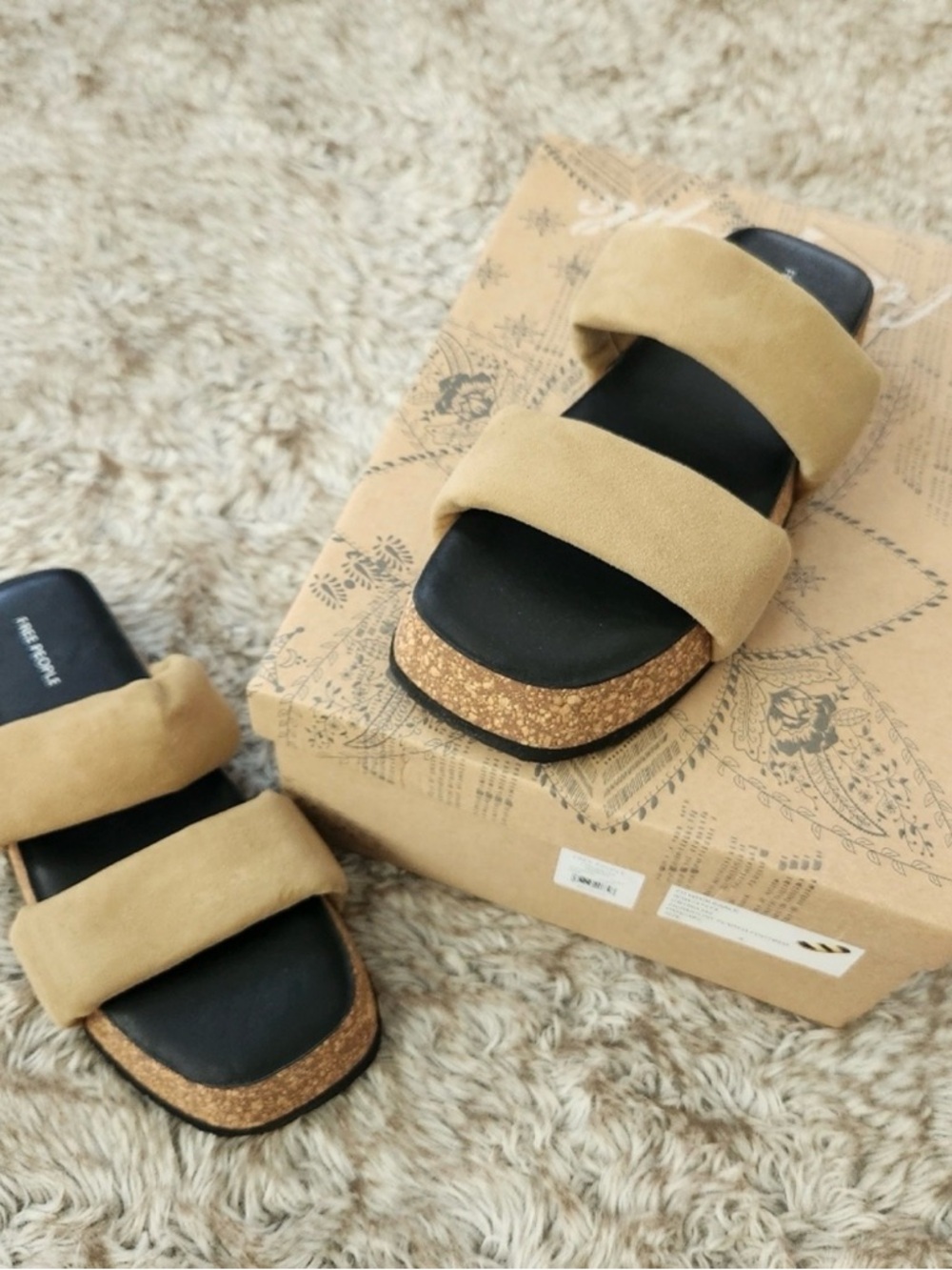 Free People Tan Double-Strap Cork Platform Slide Sandals